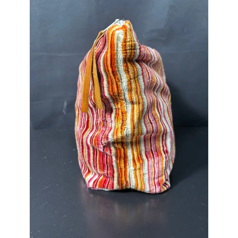 Handcrafted Satchel Bag Created with Vintage Striped Velour Fabric Lined Pouch